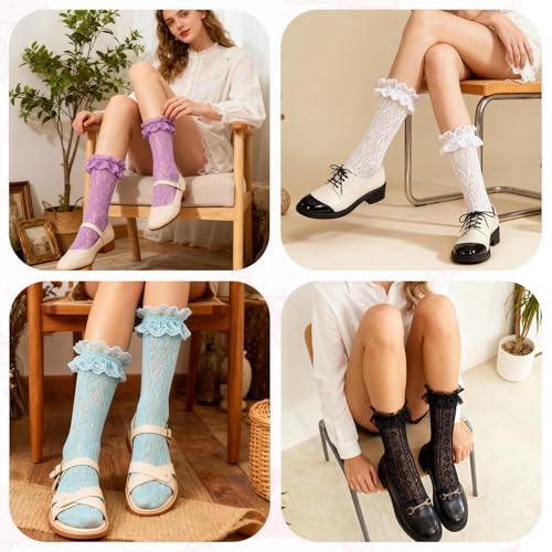 Image of Women Lace Ruffle Socks White Black Frilly Lolita Crew Dress Socks