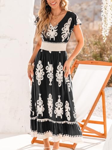 Image of CUPSHE Women's Summer Midi Dress V Neck Ruffle Short Sleeve Smocked Waist Dress