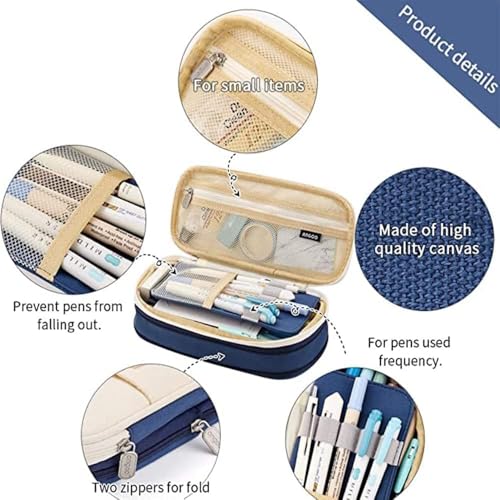 Image of OSDUE Canvas School Bag Pencil Case, 3 Layer 6 Compartment Large Capacity Pencil Pouch, Aesthetic Stationery Organizer with Zipper for Girls, Boys, Kids, School, College & Office (Blue)