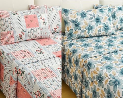 Image of VAS COLLECTIONS Cloud Cotton Double Bedsheet Combo Pack of 2 with 4 Pillow Covers, 210 TC Soft Breathable Cotton Double Bed Sheet Set, Floral Printed Bedsheet for Double Bed, 90 x 100 in (1, Multi I)