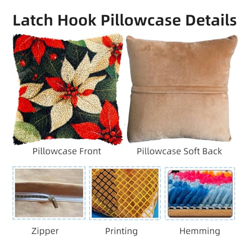 Image of Latch Hook Pillow Kits for Adults Merry Christmas Flowers Poinsettia DIY Pillow Cover Printed Pillowcase Crochet Yarns Hooking Handmade Cushion for Home Sofa Decoration 17x17inch(8)