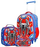Kit Mochila Escolar Infantil 3D Homem-Aranha com Rodinhas, 3 Peças, Azul e Vermelho