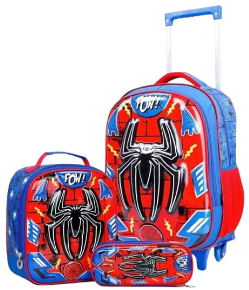 Kit Mochila Escolar Infantil 3D Homem-Aranha com Rodinhas, 3 Peças, Azul e Vermelho