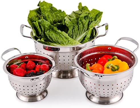 Ovente Premium Stainless Steel Colander Set of 3 Deep Kitchen Strainer, Dishwasher Safe 1.5, 3 & 5 Quarts Metal Bowl Drainer with Handle for Pasta, Fruit, Noodle, Meal Prep, Silver C46263S