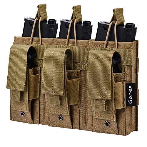 Gonex Triple Molle Mag Pouch, Pistol Magazine Pouch Open Top Tactical Rifle Kangaroo Pouch for M4 M16 AK AR Magazine Glock M1911 92F 9mm, Tan