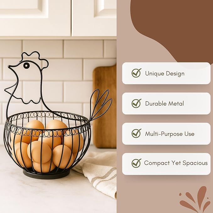 Image of Metal Egg Basket Hen Shape | Egg Basket for Kitchen | Metal Basket for Storage | Multipurpose Basket for Kitchen | Fruit Basket for Dining Table | Basket for Gifting (Black)