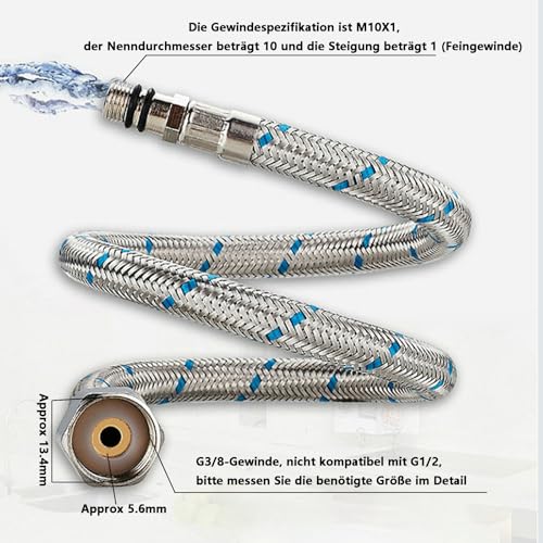 Mirrwin 2 Stück Anschlussschlauch Armatur G3/8, 60cm Wasserhahn Schlauch Flexschlauch Verlängerung Wasserhahn Anschlussschlauch 3/8 Zoll x M10 Edelstahl Panzerschlauch für Mischbatterie