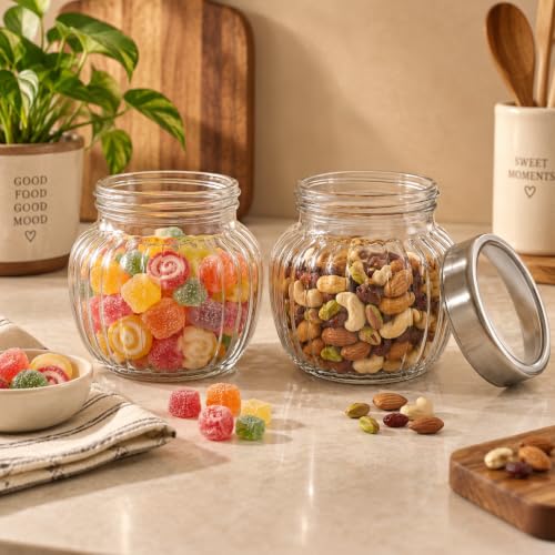 Image of bellemax 650ML Ribbed Glass Storage Jar with Airtight Metal Lid | Clear Kitchen Storage Container for Dry Fruits, Snacks, Cookies, Candy, Spices & Pantry Organizer Set of 2
