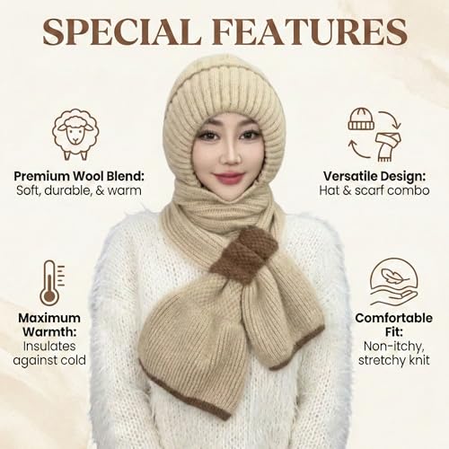 Image of Kraptick Women's Winter Cap and Scarf Set - Thick Fleece Lined Knitted Beanie Hat and Neck Warmer Muffler for Ladies, Stretchable & Soft Woolen Snow Proof for Extreme Cold -5