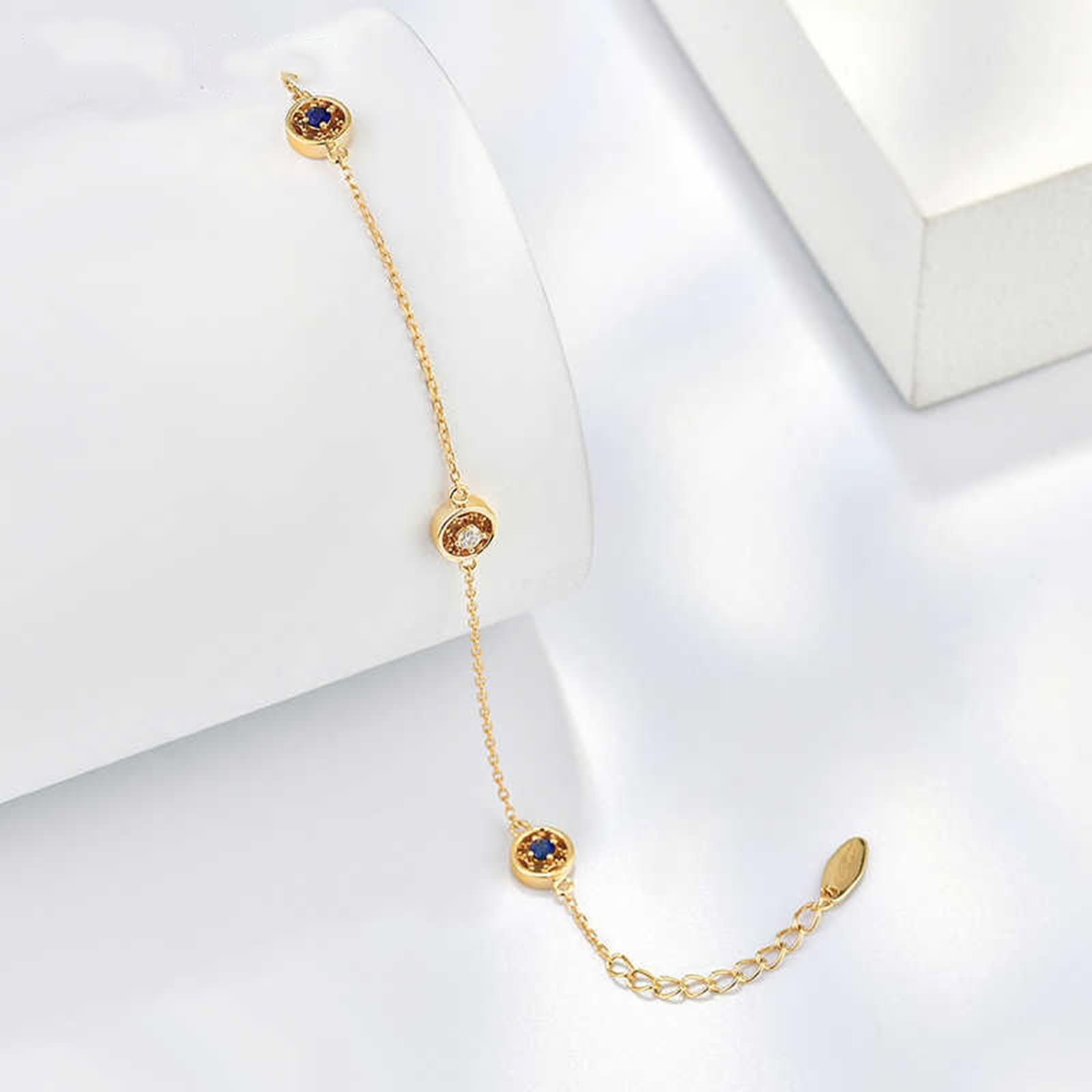 Pulsera Mujer de Oro Amarillo 9Kilates / 14Kilates / 18Kilates, Redondo con Zafiro y Diamante, Cadena Extensible 16 CM + 5 CM, Pulsera Mujer Cadena Oro Azul