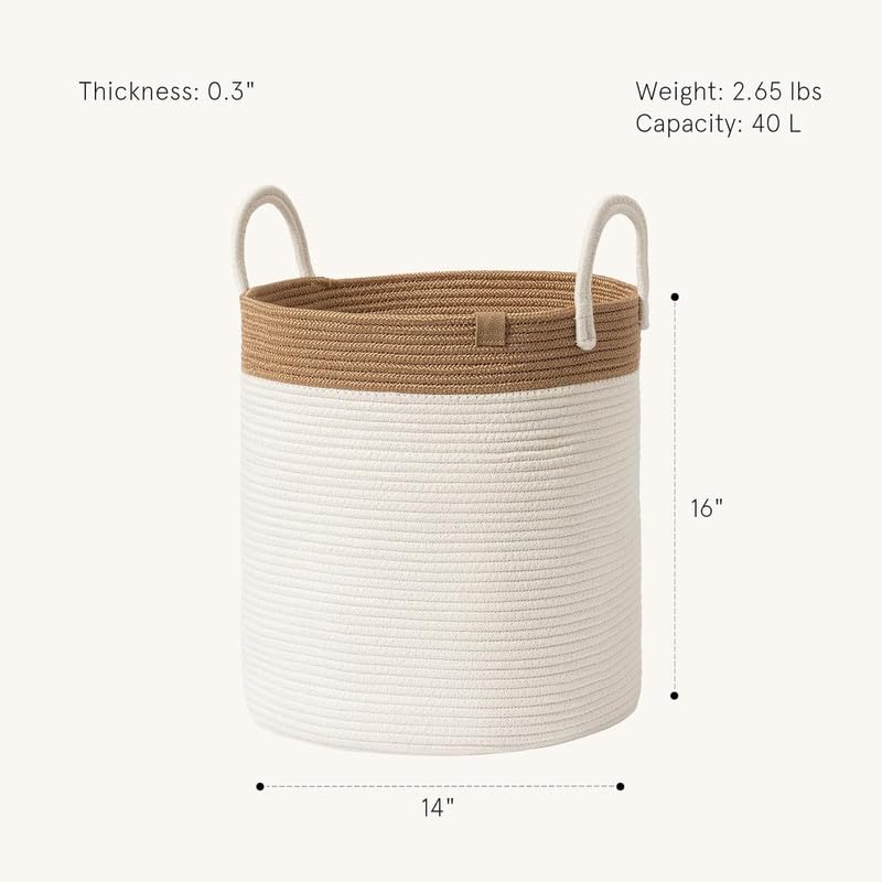 Image of Storage Cotton Rope Basket and Laundry Hamper for Dirty Clothes, Towels, Blankets, Pillows Storage in Living Room, Laundry Room and Bedroom (Beige White, 14x16 Inch)