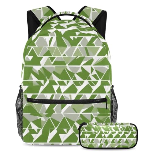 Sac à dos et trousse triangle vert géométrique 40cm pour ados