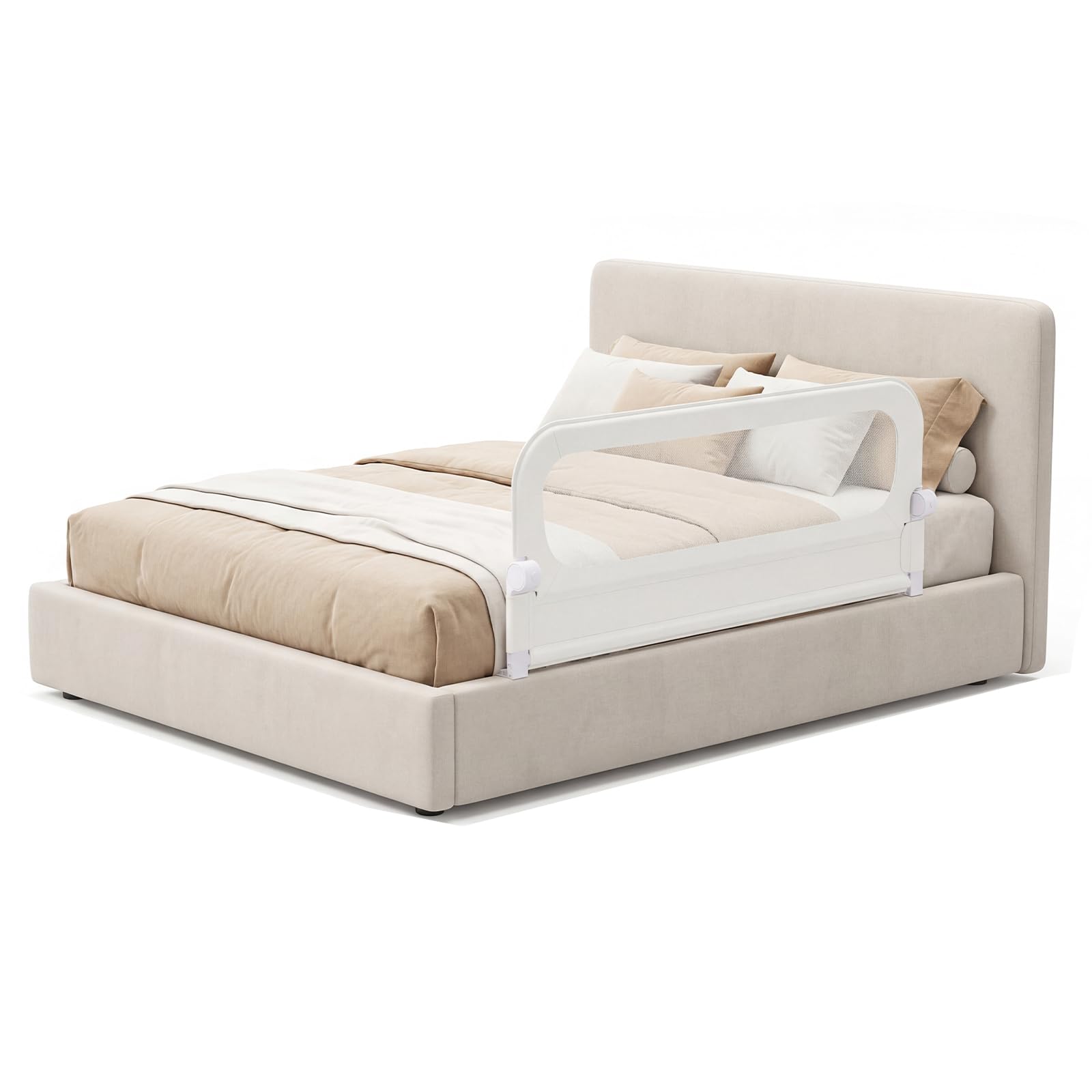 COSTWAY Barrera Seguridad Niños, Barandilla Plegable para Cama, Barandilla de Seguridad Ajustable dcon Funda Extraíble de Tejido Oxford y Base Robusta en Forma de U (Blanco,150 x 60 cm)