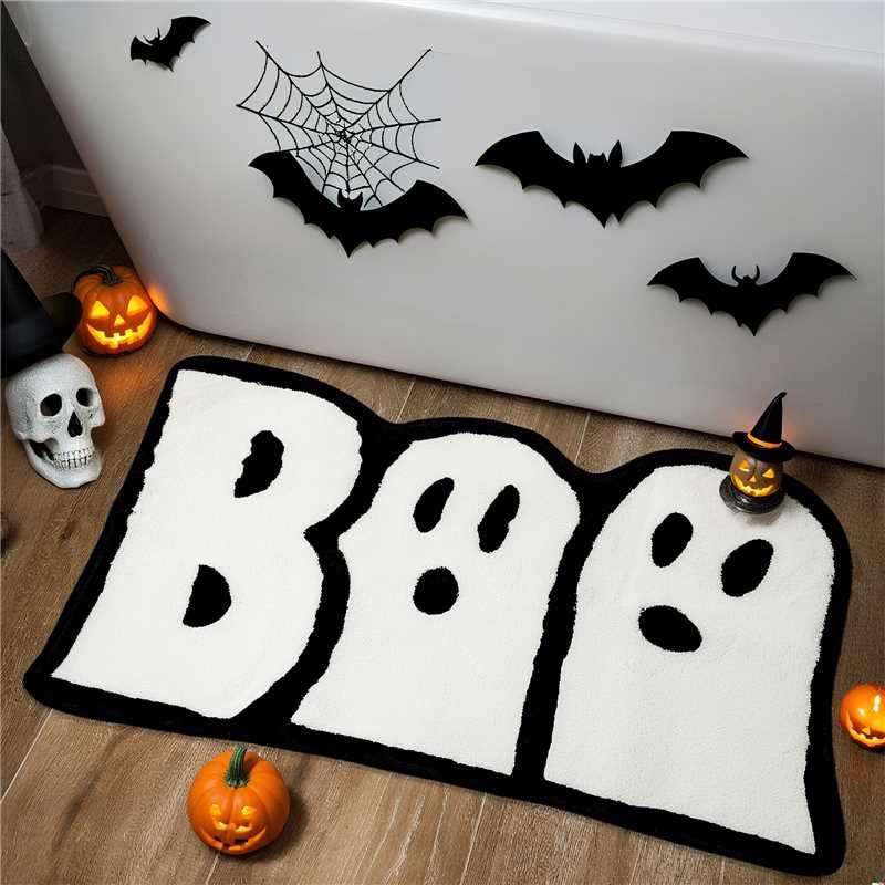 Tapis de bain Halloween Boo tapis de sol fantôme noir et blanc