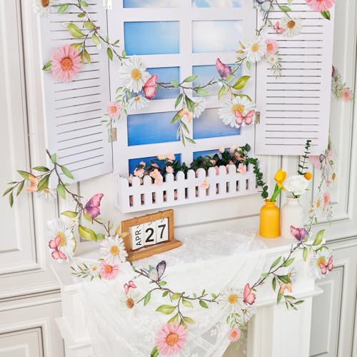 Image of SUNBEAUTY Garden Party Flower Banner Reusable Wildflower Garland for Enchanted Garden Woodland Tropical Theme Wedding Baby Shower Birthday Tea Supplies Girl Decorations - 2 Pcs