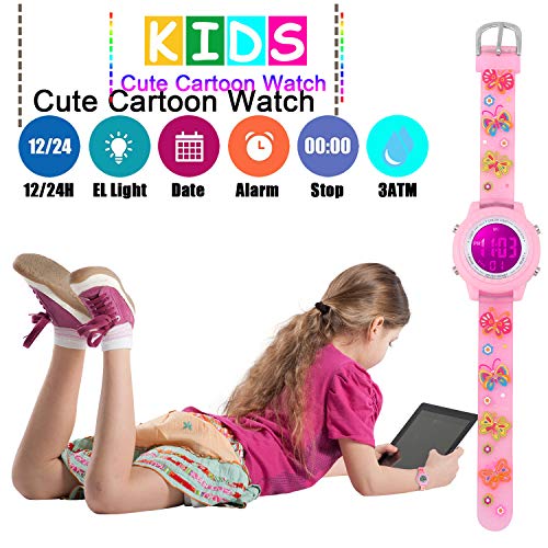 Kids Watch for Boys Girls Butterfly 3D Cute Cartoon Toddler Watch Digital Silicone Band Alarm Stopwatch Digital Child Wristwatch 50M Waterproof Pink3