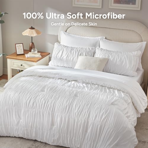 Image of Andency Ruched Oversized Queen Comforter Set White, 7 Pieces Ruffle Bed in a Bag, Shabby Chic Pleat Bedding Set with Comforter, Sheets, Pillowcase & Sham, Lightweight, Soft, All Season