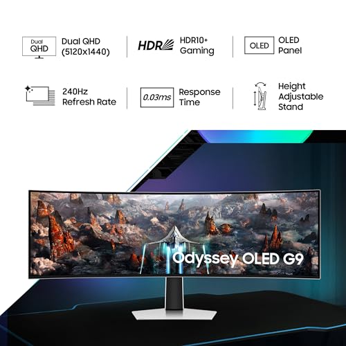Image of Samsung Odyssey OLED G9 49-inch(124.4cm) Dual QHD 5120 x 1440 Curved 1800R Gaming Monitor, 240Hz, 0.03ms, FreeSync Premium Pro, G-Sync, Quantum Dot, HDR10+, Speaker, HAS (LS49CG930SWXXL, Silver)