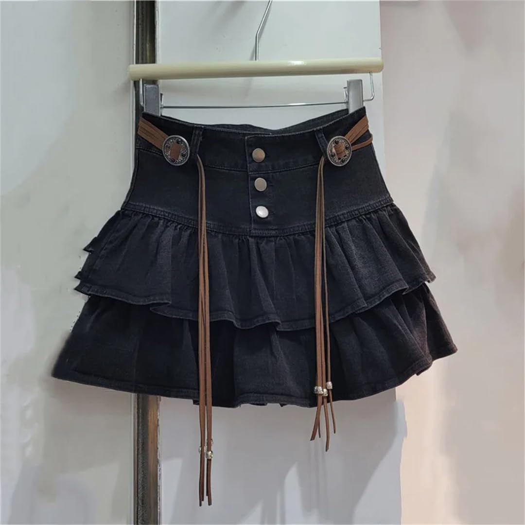 Gonna corta da donna skinny a vita alta a trapezio con volant mini gonna in denim tinta unita, Nero , L