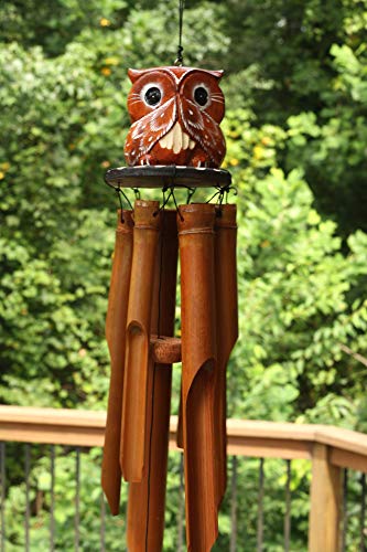 G6 COLLECTION Handmade Wooden Owl Bamboo Wind Chime Wood Statue Figurine Hoot Sculpture Art Decorative Rustic Patio Garden Outdoor Decor Handcrafted Decoration (Speak No Evil Owl Chime)