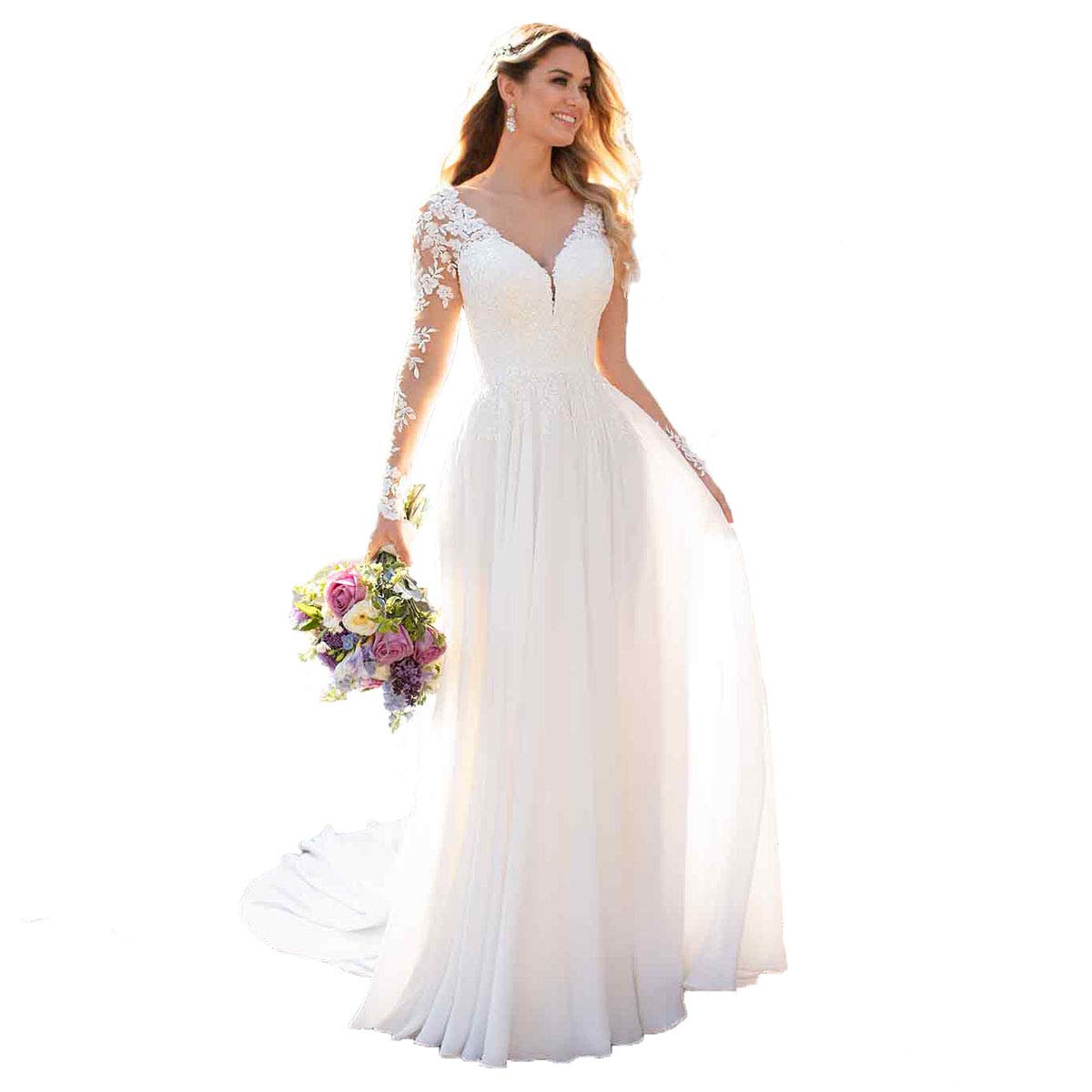 Nanger Robes de mariée col en V et manches longues en mousseline de soie Style bohème