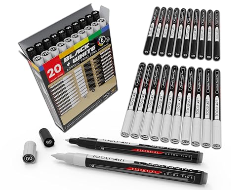Juego de 20 marcadores de pintura acrílica en blanco y negro, punta extrafina de 0,7 mm para pintar sobre roca, lienzo, tazas, metal, pintura sobre vidrio, tela, madera, no tóxico, secado rápido