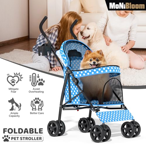 Image of MoNiBloom 4 Wheels Pet Stroller, Easy-Fold Umbrella Shaped Dog Cat Jogger Stroller w /Storage Bag & Visible Mesh for Small /Medium Dogs Cats Sky Blue Polka Dots