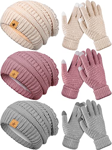 6 Pcs Winter Hats Gloves Set, 3 Pcs Winter Knitted Hats and 3 Pairs Warm Touchscreen Gloves for Women and Men Outdoor (Grey, Pink, Apricot)