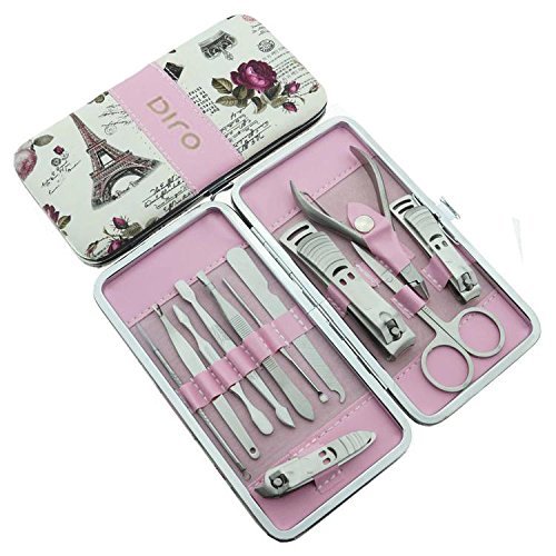 OJIA 12pcs Stainless Steel Manicure Pedicure Set,Travel & Grooming Set, Personal Care Tools, Nail Scissors Nail Clippers Kit with Leather Case ¡­ (Pink Flower)
