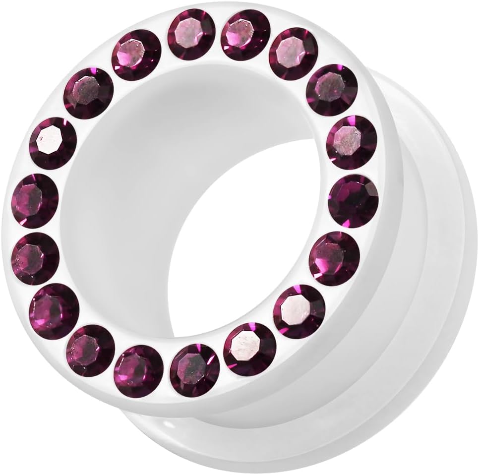 Multi Purple Crystal Stone Setting on White Acrylic Ear Gauge Flesh Tunnel