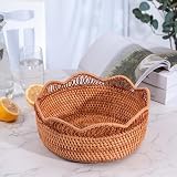 Ladfrol ラタンかご 収納バスケット 透かし編み 丸型 パンかご 来客用 フルーツ おやつ入り 自宅 工芸 手作り (レース [深] 小) [並行輸入品]