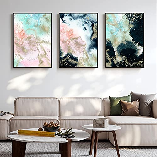 Affiche aquarelle abstraite or rose bleu 70x100cm triptyque moderne