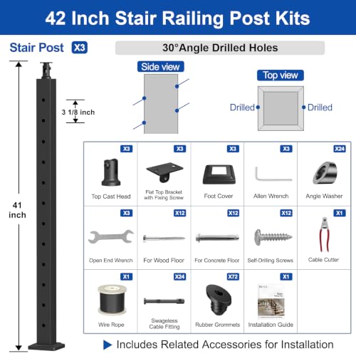 Image of BLIKA 10FT-15FT Modular 42 inch Stair Railing Post Kits for 25 to 35 Stairs | Stair Cable Railing Kit, Black Swageless Cable Railing System Include 3 Stair Posts, 200FT 1 /8 inch Stainless Cable(No Handrail)
