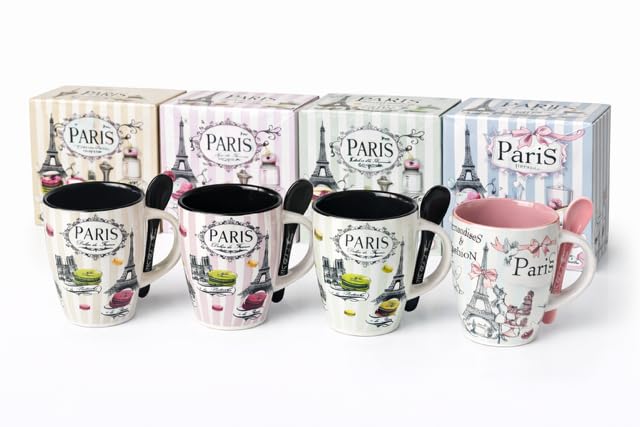 Générique Lot de 4 Mugs Paris 320 ml avec Cuillères et Coffrets Cadeaux – Tasses Café & Thé – Cadeau Couple Prêt à Offrir – Souvenir de Paris – Coffret...