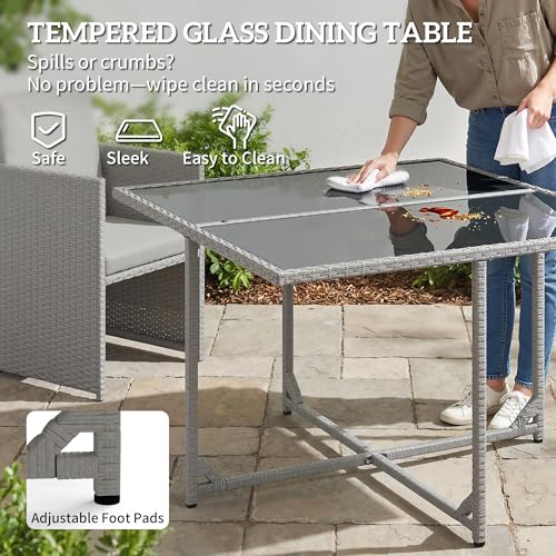 Outsunny 8 Seater Rattan Cube Garden Furniture Set, Space Saving Outdoor Dining Set with Cushions, Garden Table and Chairs with 4 Armchairs, 4 Footstools, Square Glass Top Table, Light Grey 6 Outsunny 8 Seater Rattan Cube Garden Furniture Set, Space Saving Outdoor Dining Set with Cushions, Garden Table and Chairs with 4 Armchairs, 4 Footstools, Square Glass Top Table, Light Grey - Image 6