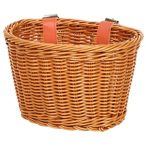 YIBAISI Childrens Bicycles Front Basket Waterproof Plastic Woven Bike Basket Kids Bicycles Wicker Basket for Boy and Girl, 21*15*15cm, Coffee