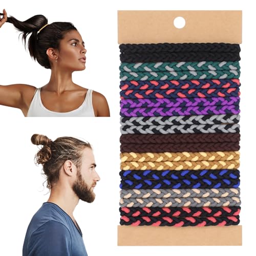 Bewudy 20 Pcs Braided Mens Hair Ties for Guys, Elastic Flat Man Bun Hair Tie No damage Crease Breakage, Man Bun Hair Tie Hair Bands with Long Hair(10 Colors 20 Pcs)