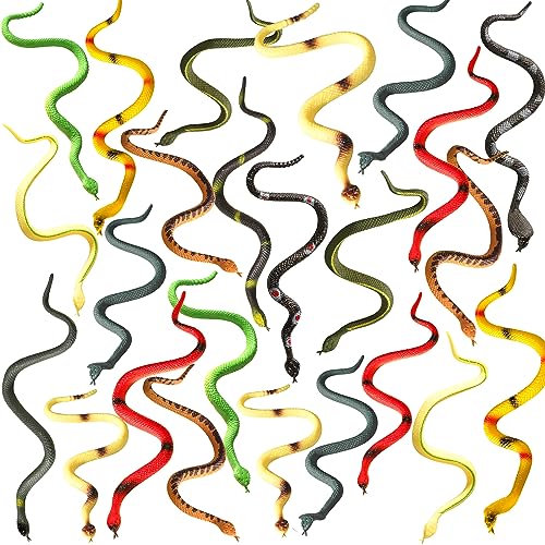 Mini 6-Inch Rubber Snakes - (Pack of 24) Rain Forest Toy Snake Set, Assorted Plastic Fake Snake Toys for Kids, Party Decorations, Favors, Halloween Decor, Pranks and Keep Birds Away