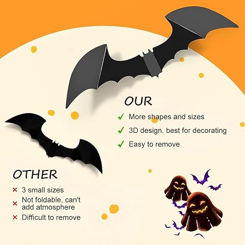 Miniatura 5 de YHW 124 piezas de murciélagos decoraciones de Halloween decoración de pared de murciélagos de Halloween, calcomanías de PVC 3D Murciélago de pared