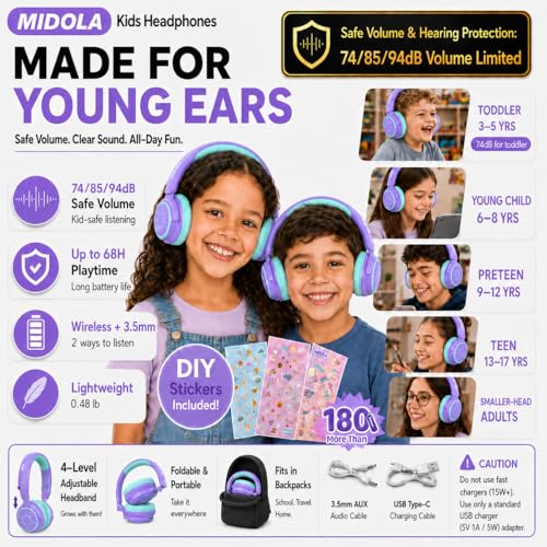 Image of MIDOLA Kids Headphones Bluetooth 5.4 Wireless Volume Limited 85 /94dB Hearing Protection Over Ear,68 Hours Playtime Foldable with Cable Aux Wired Built-in Mic for Toddler Child Travel School Purple