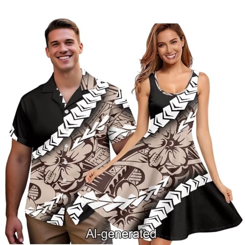 Image of Dreaweet Summer Dresses for Women A-Line Sleeveless Flowy Sun Dresses,Men's Casual Button-Down Shirts,Couple Matching Outfits