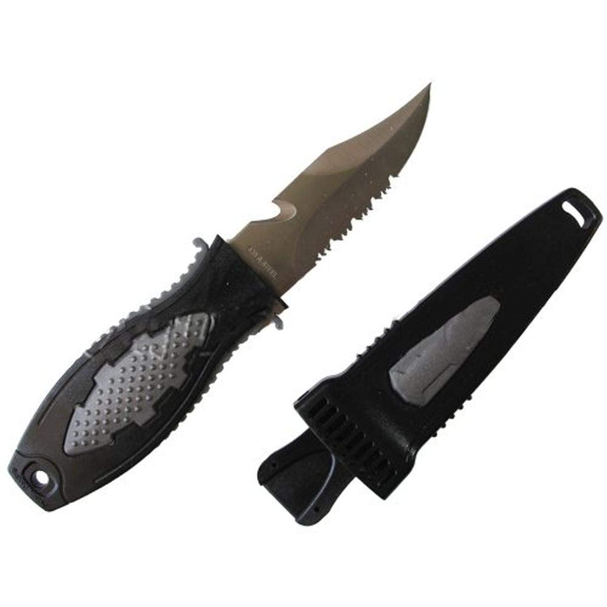 Scuba Choice Spearfishing Knife - 7.5" Foldable Stainless-Steel Blade with Sheath, Quick-Release Button, Durable for Scuba Diving, Free Diving, Spearfishing Gear - Black/Grey