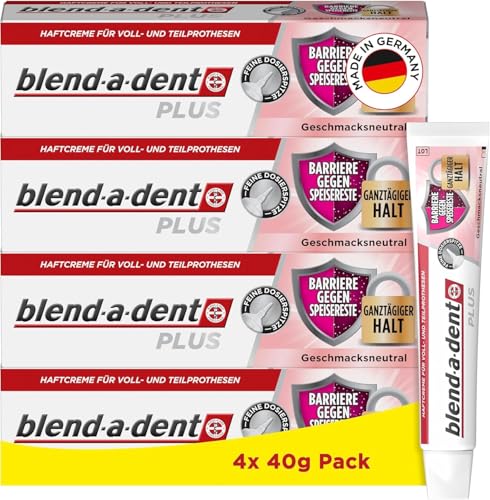 Blend-a-dent Plus Barrera contra restos de alimentos, crema adhesiva para dentaduras completas y parciales, fabricada en Alemania, sabor neutro, 4 x 40 g, naranja