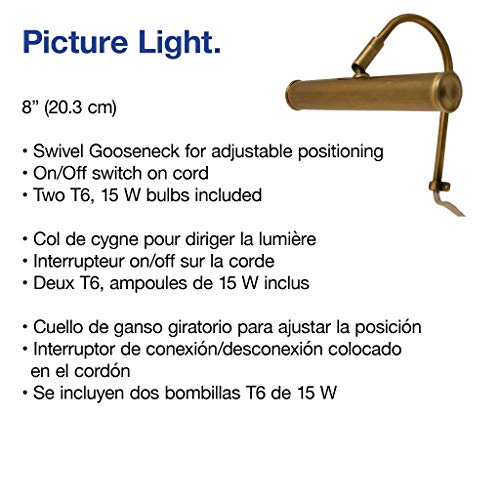 8" Picture Light, Antique Brass, Goose Neck Style, Wall Mount, 5.4' White Cord With On/Off Switch 1.6" Up From Plug_Pctr8Ab #TOP1