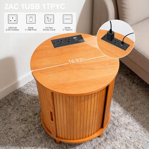 Image of DHH Round End Table with Storage & Charging Station, Fluted Accent Side Table with Sliding Door & Adjustable Shelf, Mid-Century Nightstand for Small Spaces, Living Room, Bedroom (1, Yellow Walnut)
