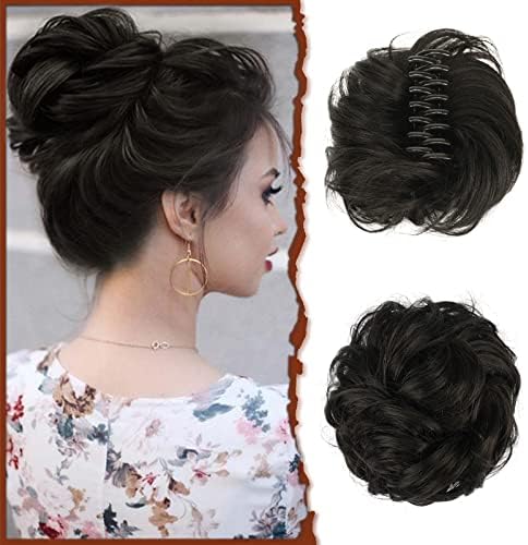 Sofeiyan Claw Clip Messy Bun Hair Piece Wavy Curly Hair Bun Clip in Claw Chignon Ponytail Hairpieces Synthetic Tousled Updo Hair Extensions Scrunchie Hairpiece for Women, Grey