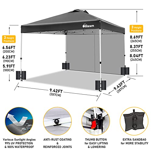 Canopy Pop Up Canopy Olilawn, Canopy Tent 10X10 With Upf 50+ Waterproof,Air Vent On The Top, 3Adjustable Heights, Outdoor Intant Canopy With Sidewall And Wheeled Bag, 4 Sand Bags, Light Black Gazebo #TOP5