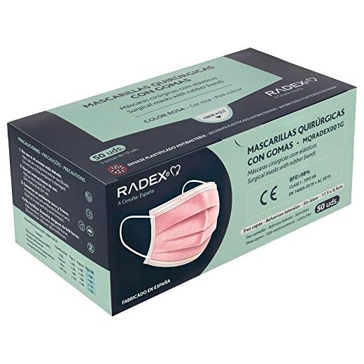 RADEX 85005053. Caja de 50 Mascarillas Quirúrgicas Tipo IIR con Gomas, Rosa, Fabricado en España, Tres Capas, Material Hipo Alergénicos, Resistente a Salpicaduras