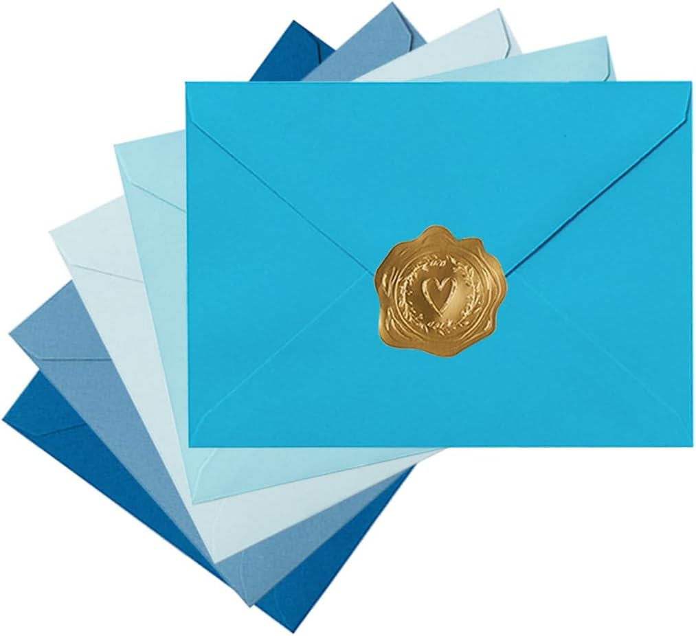 Toperd 50 Pack Colored A7 Invitation Envelopes 5x7 with Gold Stickers for Cards and Invitations, 5 Colors (Blue, 5 1/4 x 7 1/4 inches)