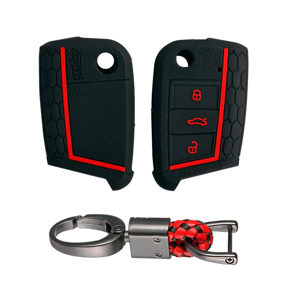 Keycare Silicone Key Cover & Keychain Compatible for Skoda Kylaq, Slavia, Kodiaq, Kushaq, Octavia, Karoq, Superb 3 Button Flip Key (Black with Alloy Red/Black Keychain)